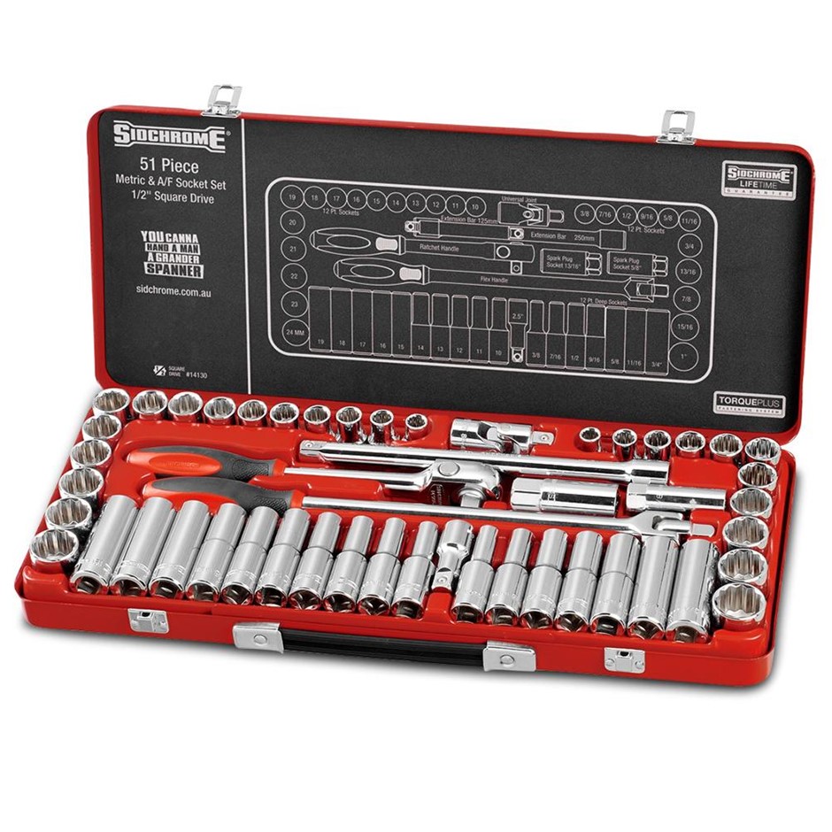 SIDCHROME 51pc 1/2" Drive Metric/AF Socket Set. Contents: 25 x Metric Socke