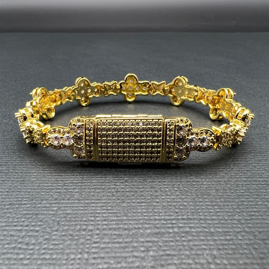 18K Gold-Filled Cross & Flower Bracelet with AAA+ Cubic Zirconia's- 22.8cm