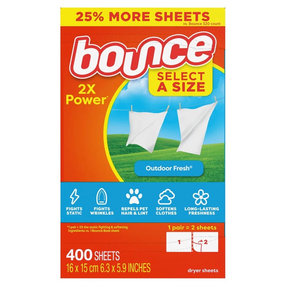 3 x BOUNCE 400pc Fabric Softener Dryer Sheets, Outdoor Fresh. NB: Damaged p