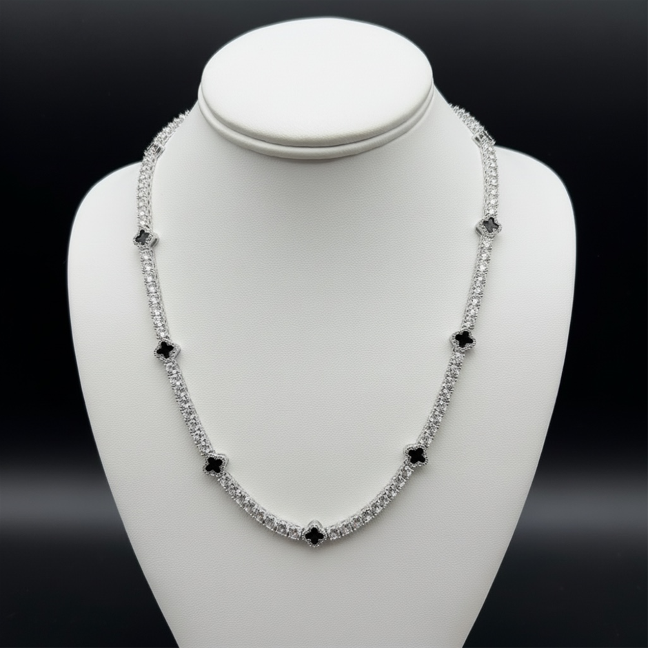 Silver-Filled Tennis Necklace Four-Leaf Clover & AAA+ Cubic Zirconia's - 55