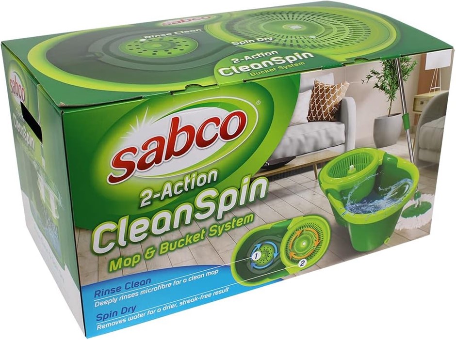 SABCO Clean Spin Mop and Bucket System, Green. NB: damaged packaging