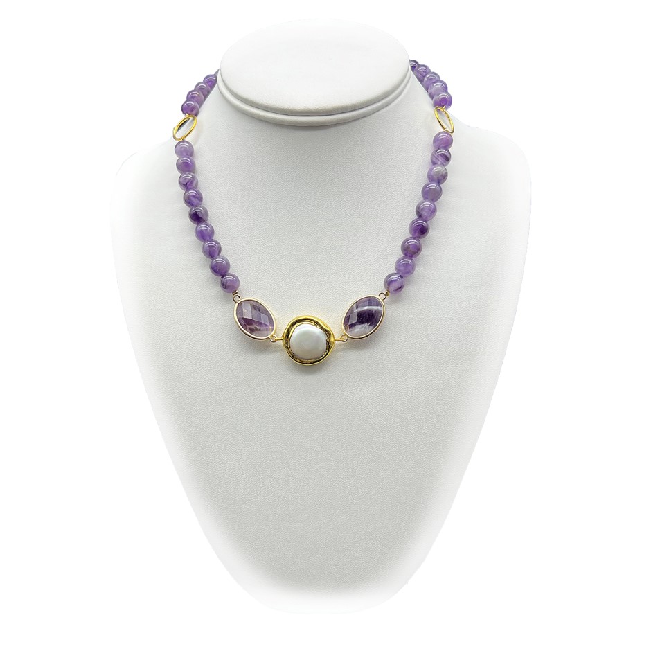 Amethyst & Blister Pearl Pendant Charm Link Necklace