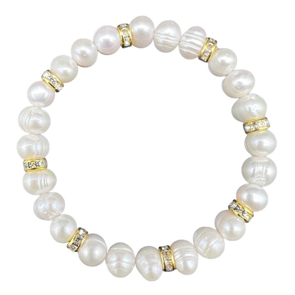 7-8mm White Pearls & Gold Plated Rhinestone Stretch Bracelet.