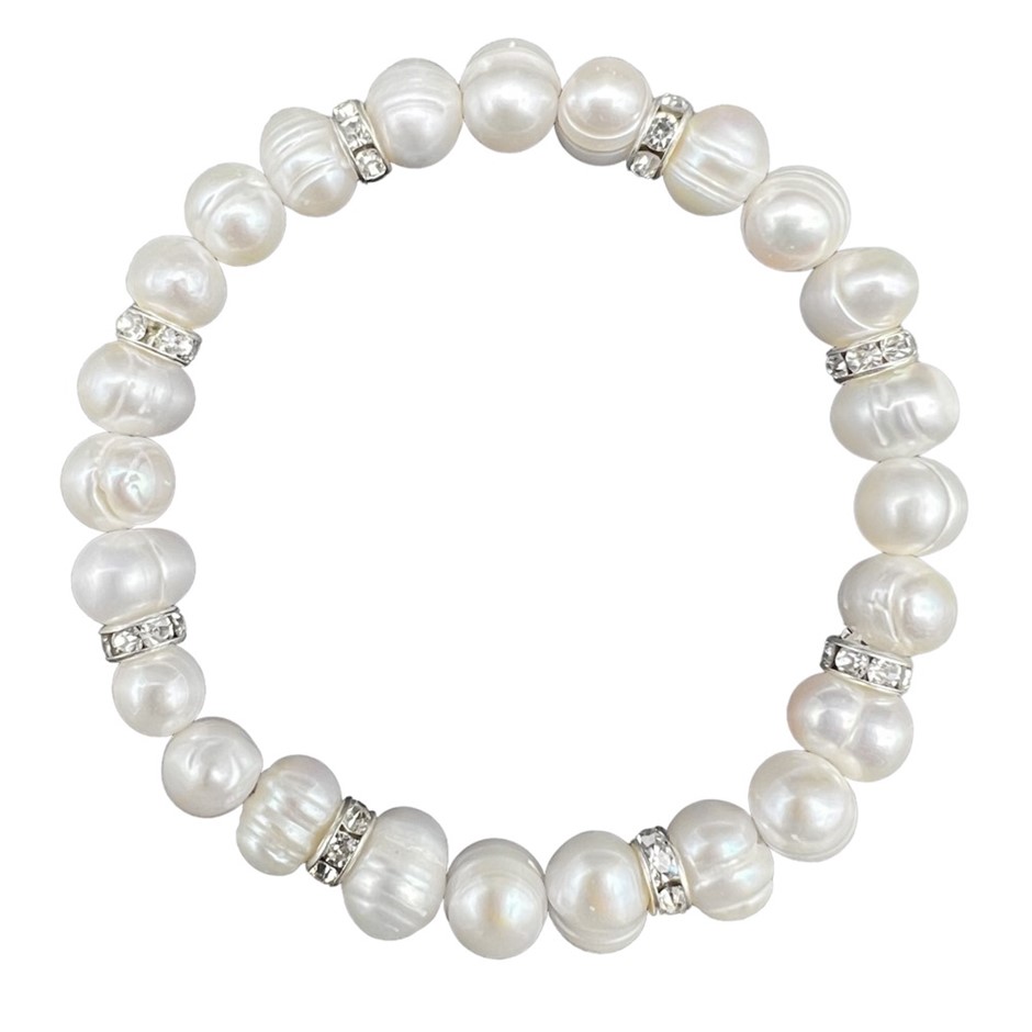 7-8mm White Pearls & Silver Plated Rhinestone Stretch Bracelet.