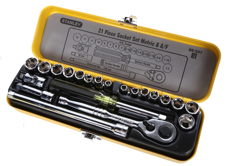 STANLEY 21pc 1/4ins Dr. Socket Set. NB: Missing 1/4" Ratchet Handle.