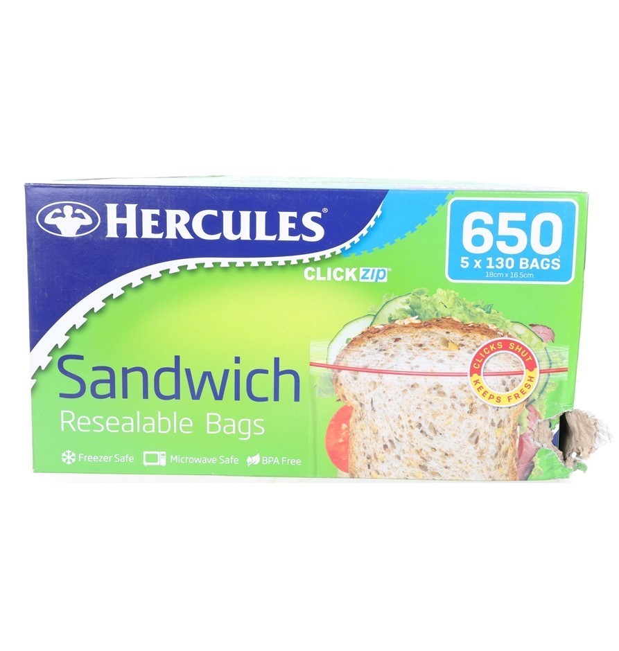 HERCULES 650pk Sandwich Bags Pack of Resuable Click- Zip Bags. N.B. Damaged
