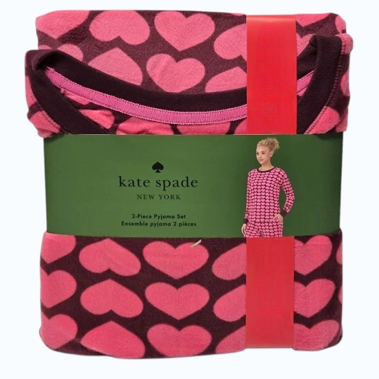 KATE SPADE Women's 2pc Velour Long PJ Set, Size L, Pink/Hearts. Buyers Not