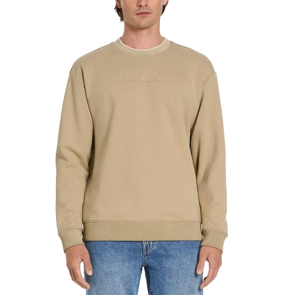SCOTCH&SODA Men's Embossed Crew Sweatshirt, Size 2XL, 55% Cotton, Tan Beige