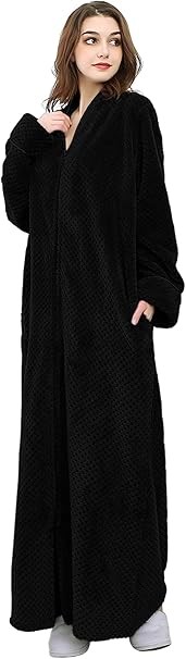Women's Zip Up Bathrobe Woman Zipper Fleece Plush Robe Ladies Warm Long Ful