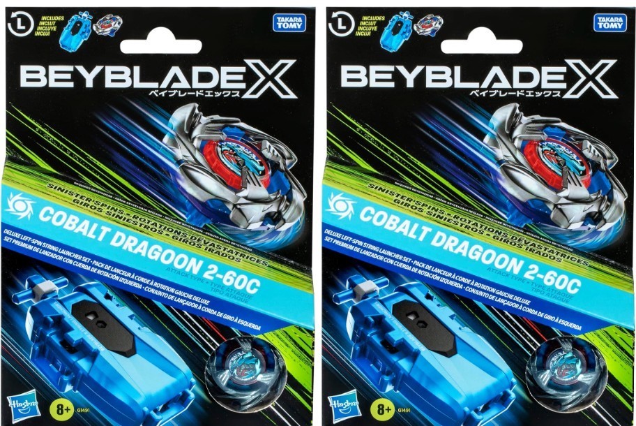 2x Beyblade X Cobalt Dragoon 2-60C Deluxe Left-Spin String Launcher Set wit