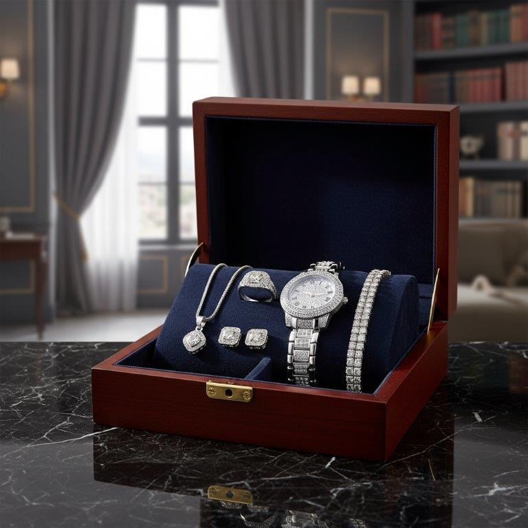 6-Piece Jewellery Set White Stones(Box Included)-In 18K White Gold Plated