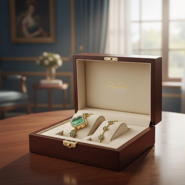 2Piece Jewellery Set. Watch, Bracelet Green Stones(Gift Box Included)