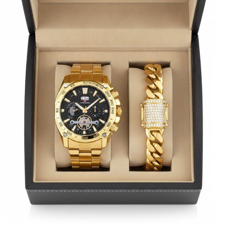 Men's Gold-Tone Watch & Cuban Link Bracelet Gift Set – Gift Box Included