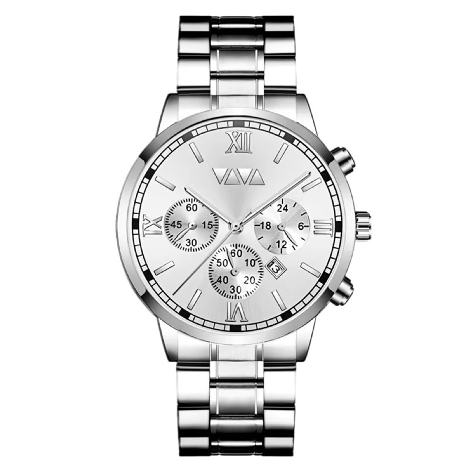 Men's Fashion Calendar Luxury Stainless Steel Watch - Silver