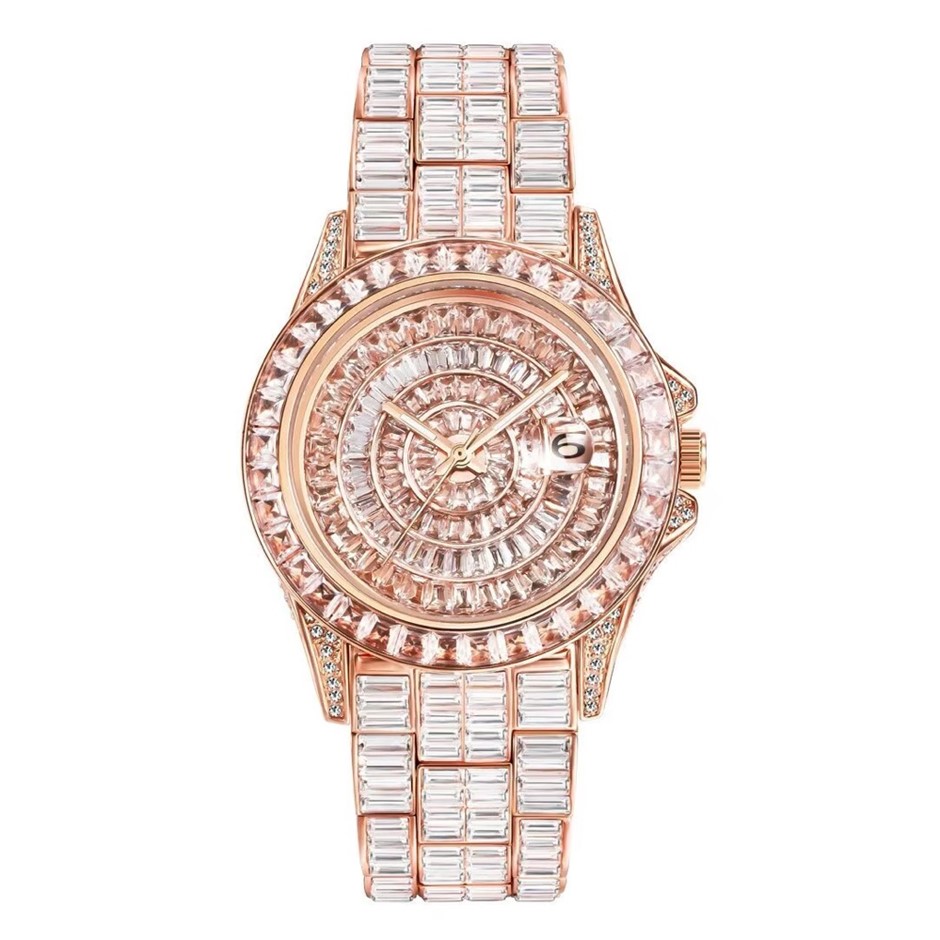 Luxurious Rose Gold Plated Full Diamond Quartz Iced Out Wrist Watch