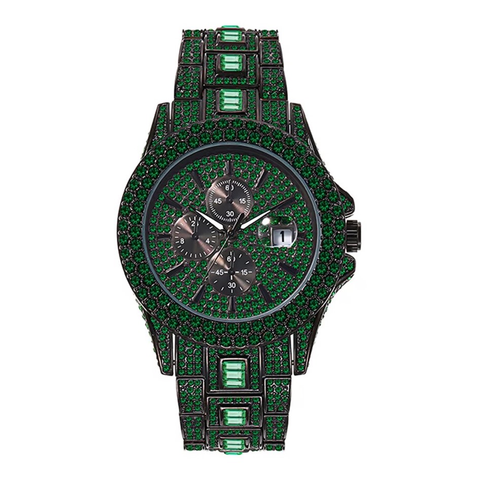 Luxury Green/Black Full Diamond Quartz Iced Out Wrist Watch