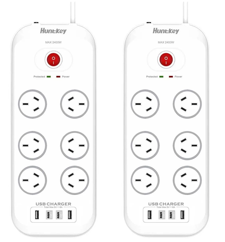 HUNTKEY 6 Outlets Surge Protector Powerboard 2 Pack SAC607C. NB: damaged pa