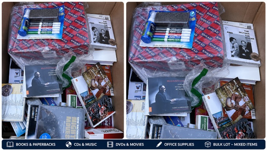 BOX OF ASSORTED MEDIA & STATIONERY: Books, CDs, DVDs, Blu-rays, Whiteboard