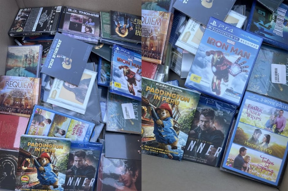 BOX OF ASSORTED DVDs, BLU-RAYS, CDs & GAMES: Movies, Music, PS4 Titles, Col