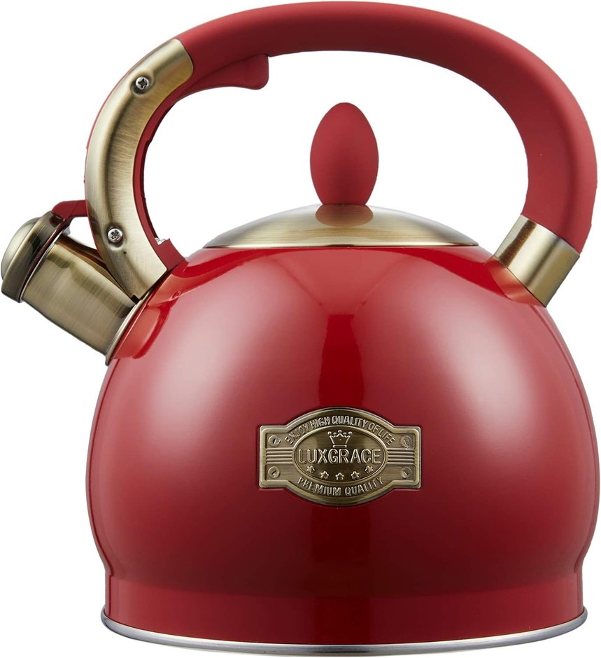 LUXGRACE Stovetop Whistling Teapot Stainless Steel, 2.8 Quart, Red.