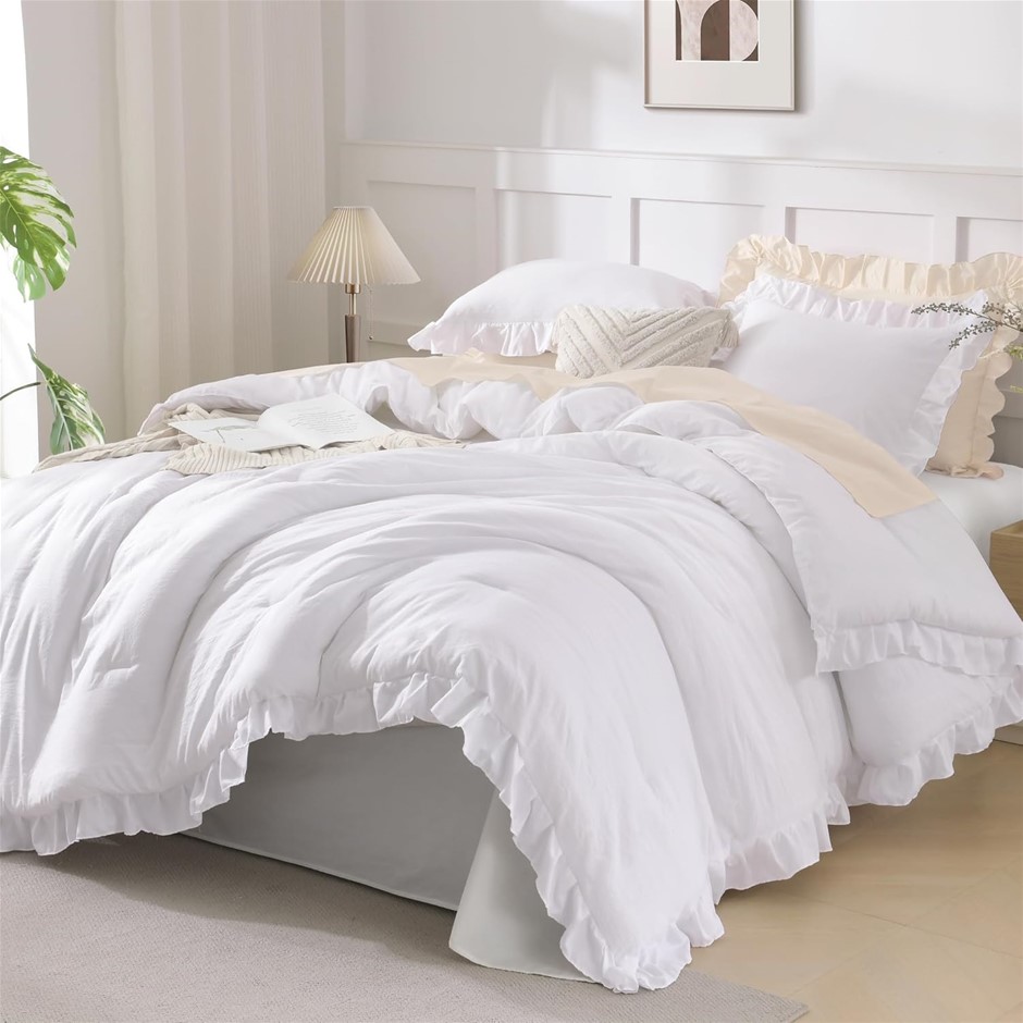 ANDENCY White King Size Comforter Set, 3 Pieces Solid Farmhouse Shabby Chic