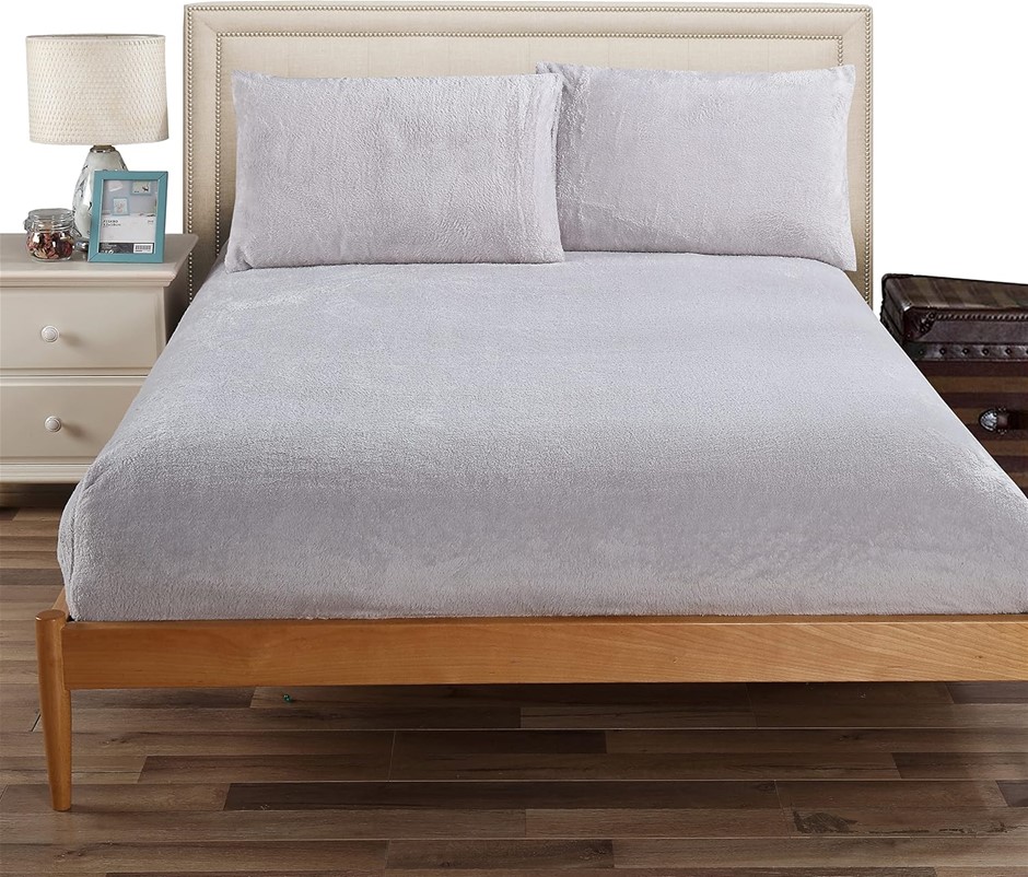 RAMESSES Teddy Fleece Fitted Sheet Combo Set, Queen, Grey. NB: Dusty From S