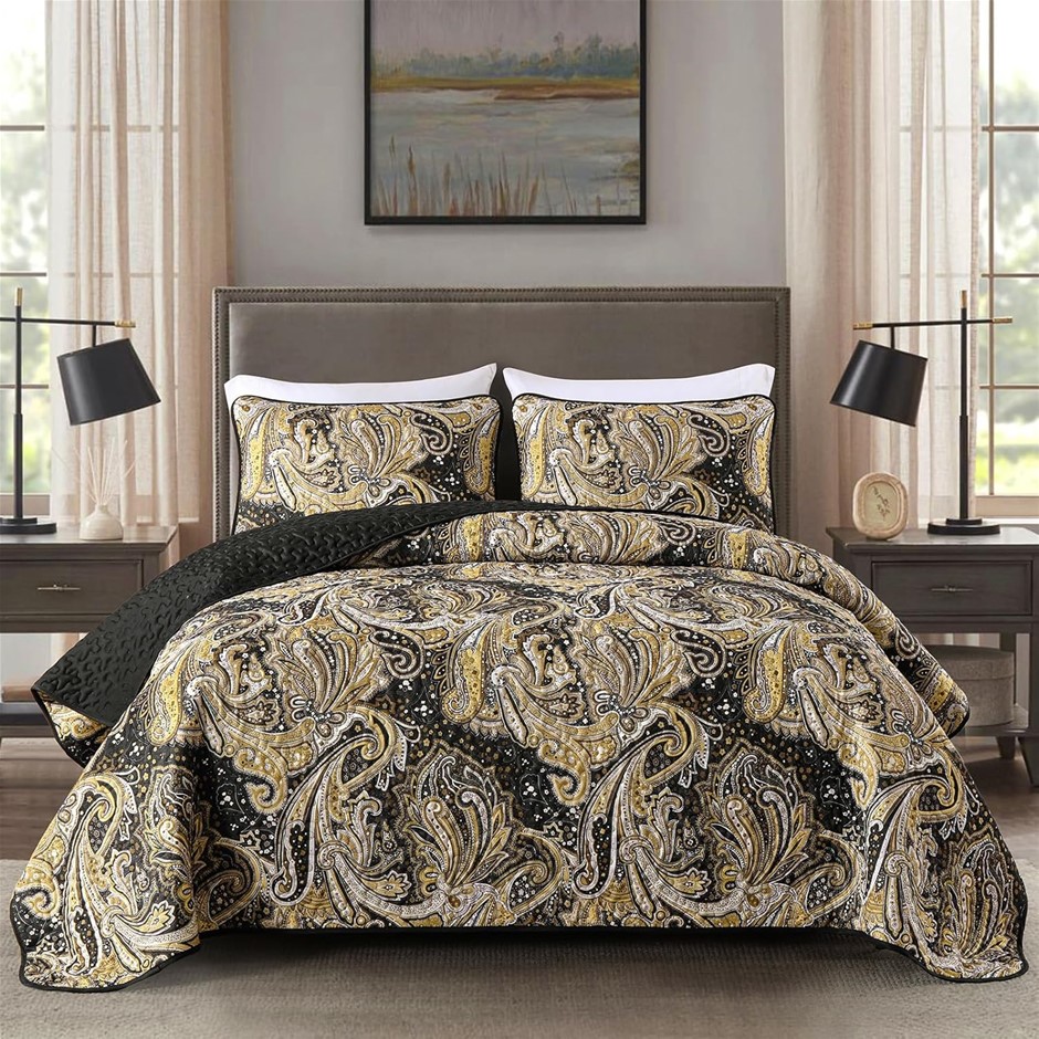 DJY Black Paisley Quilt Set, California King Size,  Black and Gold Boho Bed