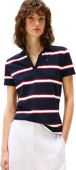 TOMMY HILFIGER Women's Stripe Stretch-Cotton Polo, Size M, Desert Sky, XW04