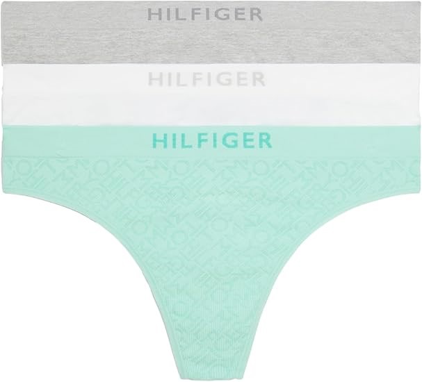 3pk x TOMMY HILFIGER Women's Seamless Thong, Size L, Grey/White/Green, RLF0