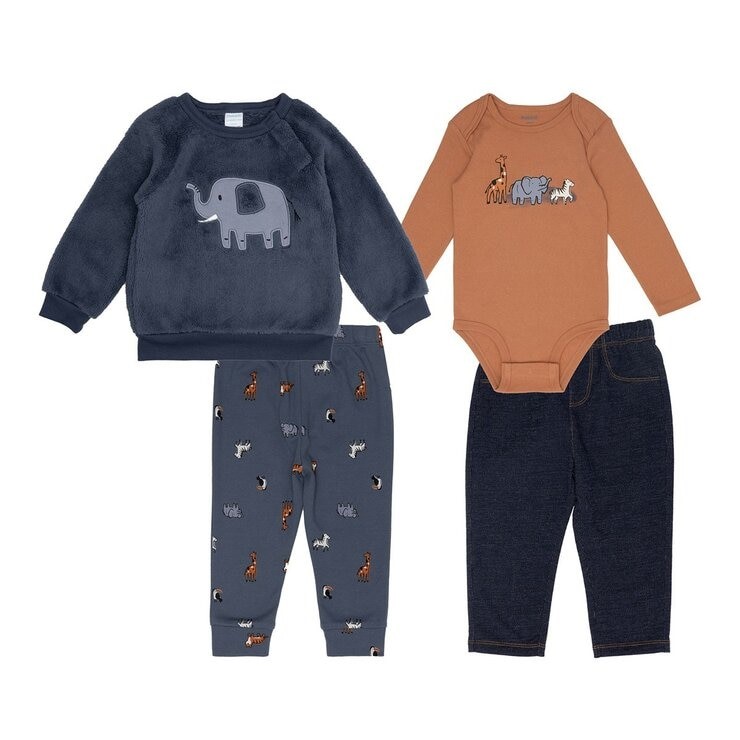 PEKKLE 4pc Infant Set, Size 18M, Plush Top w/ Bodysuit & Pants, Dark Blue E