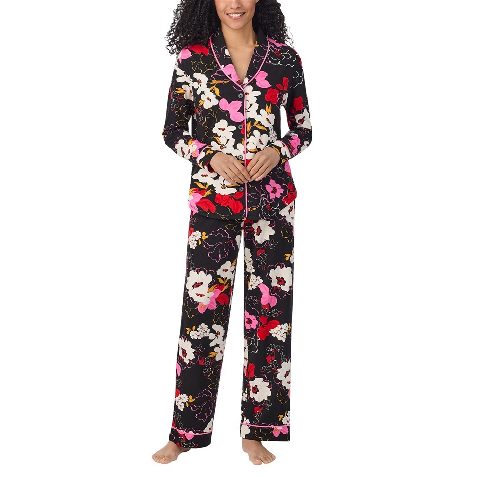 ROOM SERVICE Women's 2pc Shawl Collar PJ Set, Size M, Black/Floral. Buyers