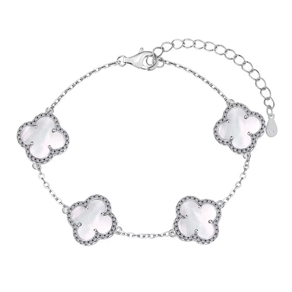 Shell Pearl Four Leaf Clover 925 Sterling Silver Tennis Bracelet