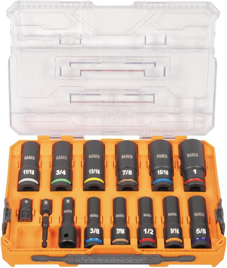 KLEIN TOOLS 14pc Deep-Well Impact Socket Set, 1/2-Inch Drive, SAE, Color Co