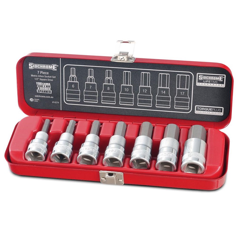 SIDCHROME 7pc 1/2” Drive Metric In-Hex Socket Set. NB: Missing size 8mm & 1