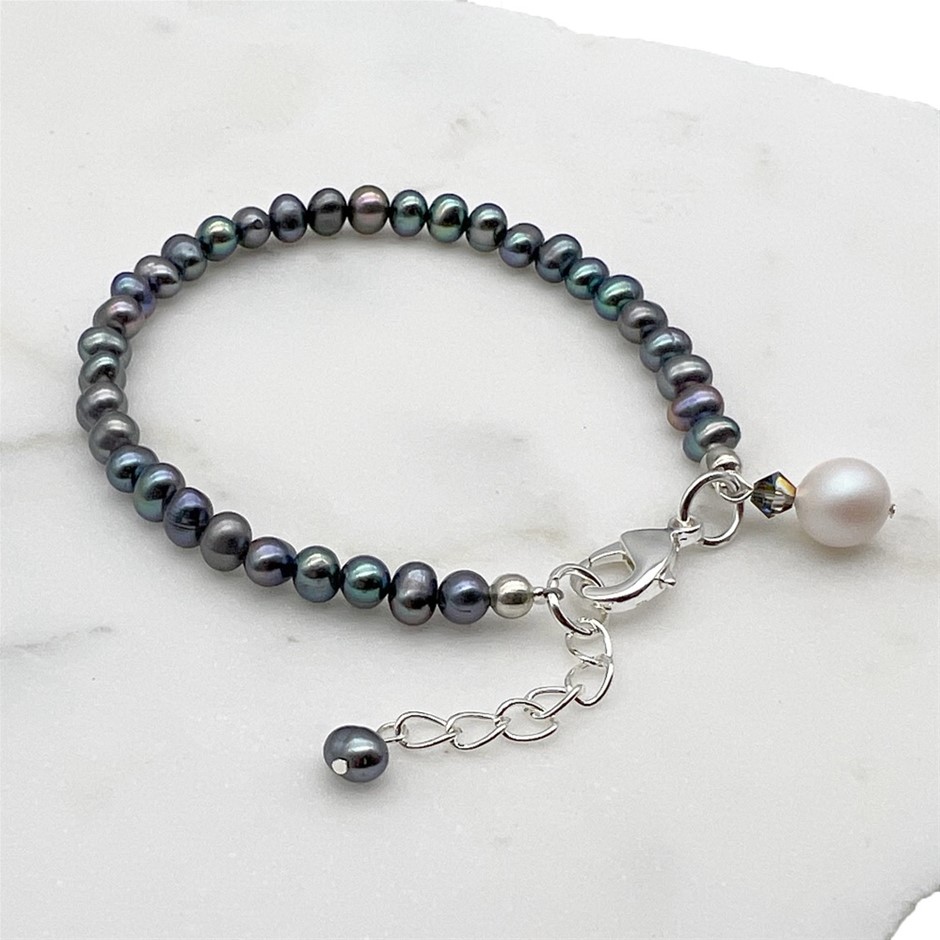 5-6mm Greyish Blue Pearl & Swarovski Pearl Charm Bracelet