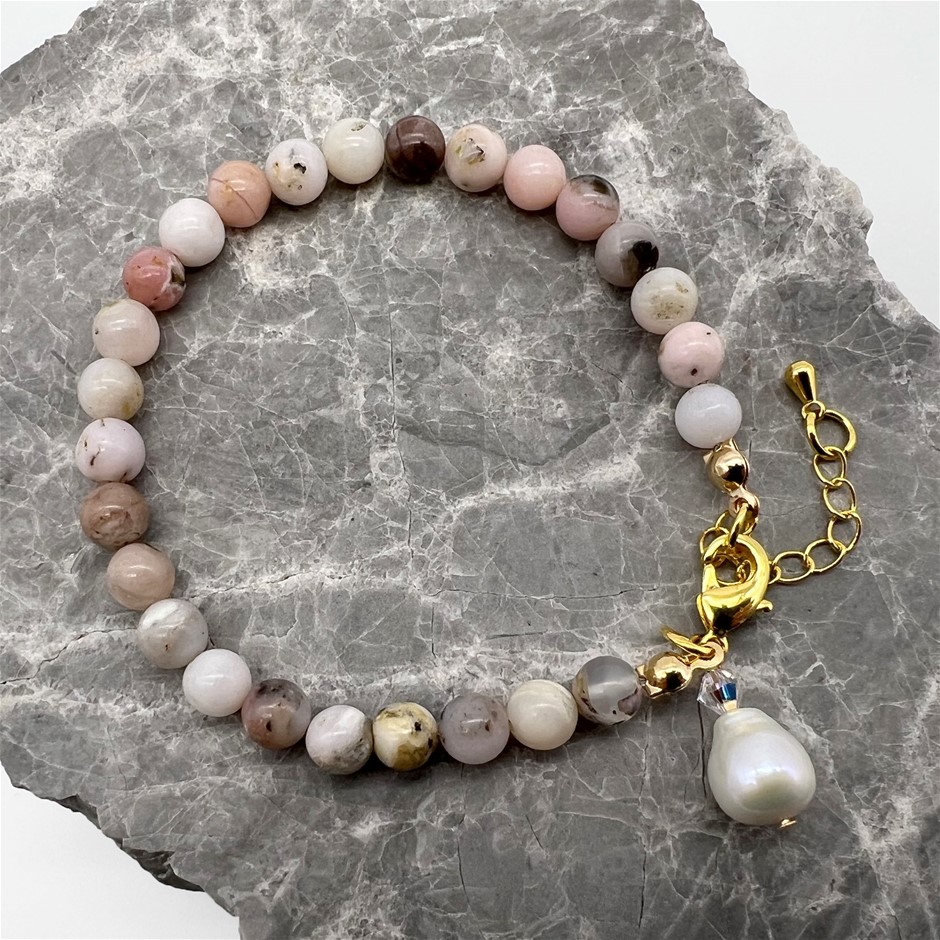 6mm Pink Opal & Baroque Pearl Pendant Charm Bracelet