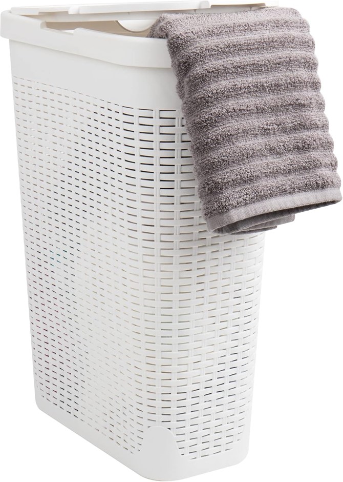40L Slim Laundry Hamper, Clothes Basket, Lid, MIND READER Wicker Design, Pl