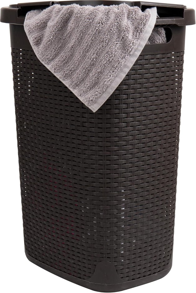 MIND READER Slim Laundry Hamper with Lid, 60L Clothes Basket, Wicker Design