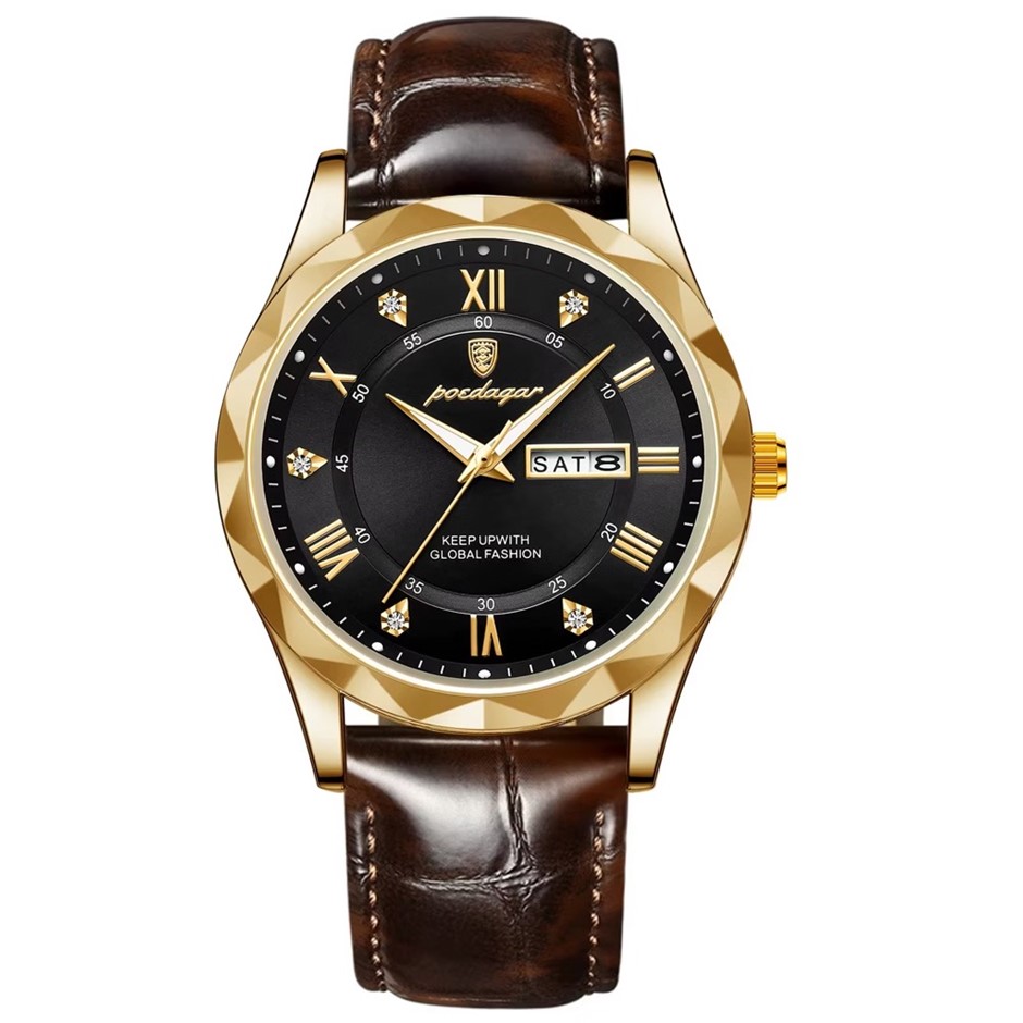 Luxury Men's Quartz Watch Date Week with Leather Strap, Silver/Gold/Black
