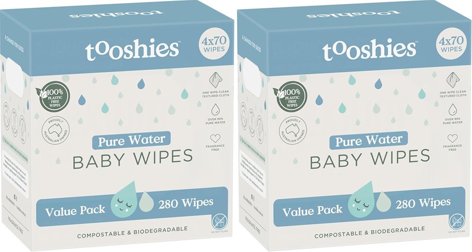 2 x Box of 4 Packs TOOSHIES Pure Water Baby Wipes, 70pc Wipes Each Pack.