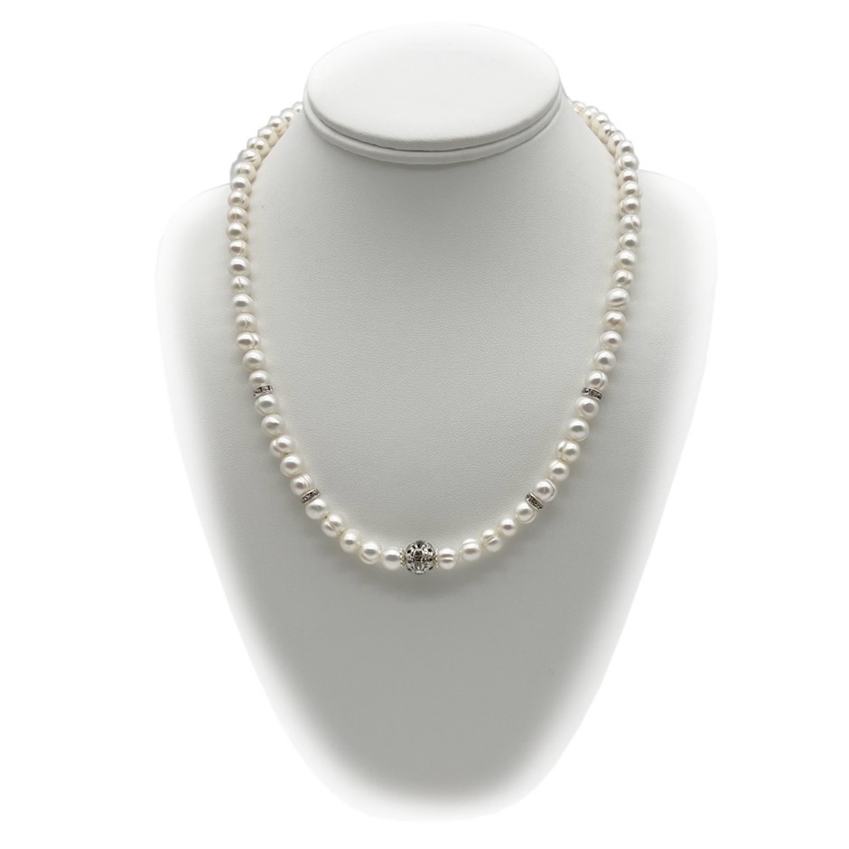 7-8mm White Pearls & Rhinestone Real Platinum Plated Necklace