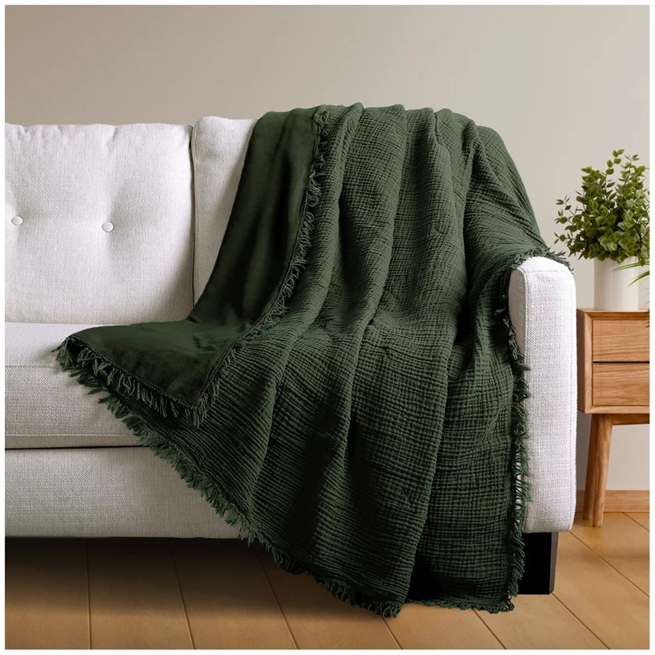 LIFE COMFORT Reversible Cotton to Plush Throw, Dark Green (W 1524 x H 1778