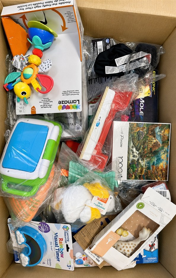 BOX OF ASSORTED BABY & TODDLER TOYS: Lamaze, Sophie la Girafe, Learning Res