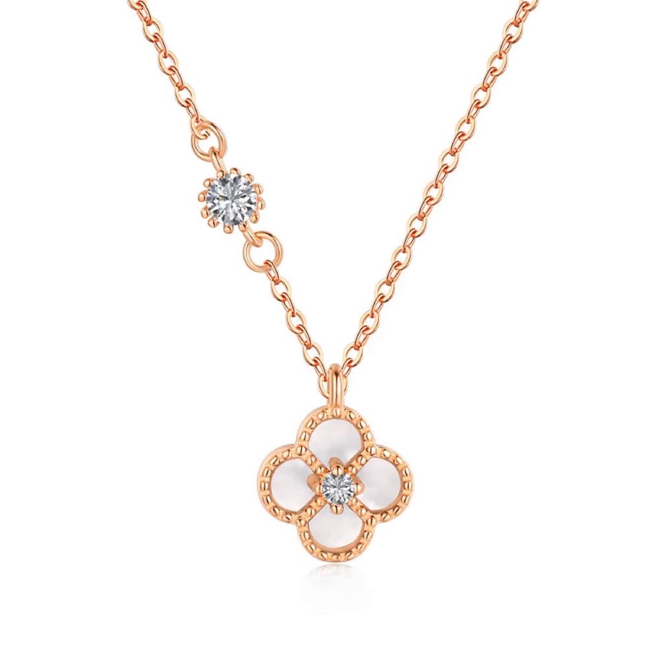 Rose Gold Filled 925 Silver Cubic Zirconia Clover Pendant Necklace