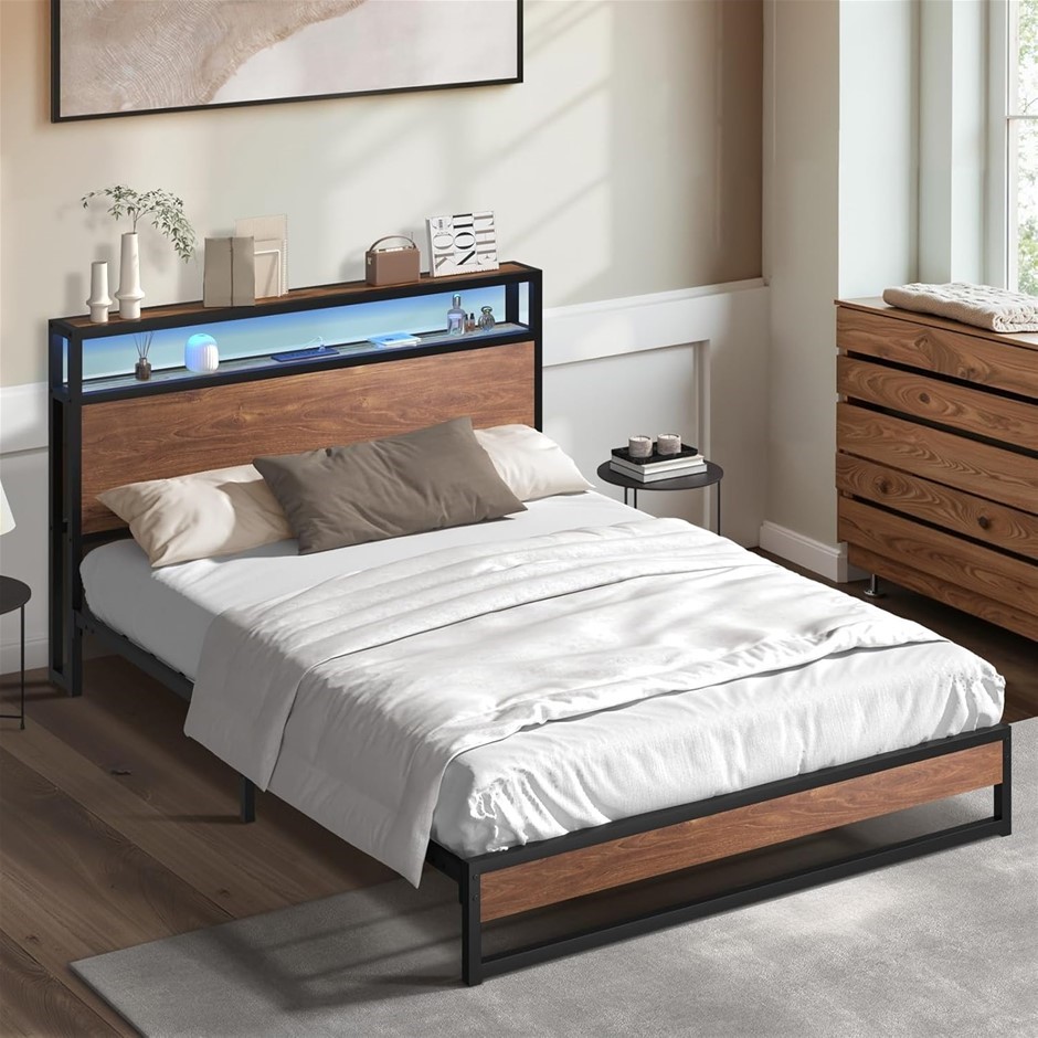 OIKUTURE Double Bed Frame with Led Light and Charge Station Metal Bed. NB: