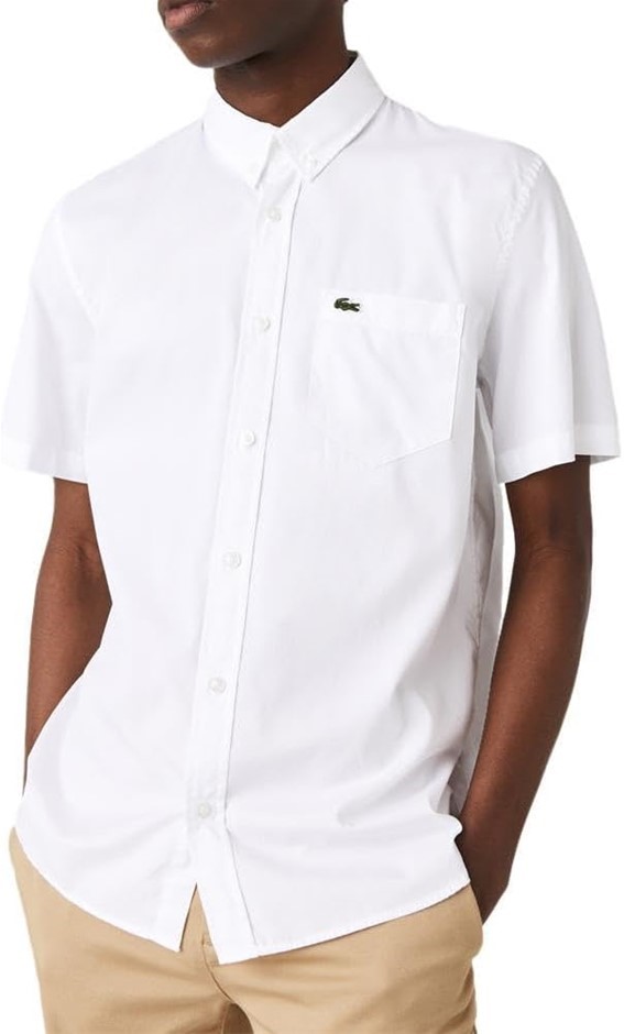 LACOSTE Men's S/S Oxford Shirt, Size US L (FR42), 100% Cotton, White (001),