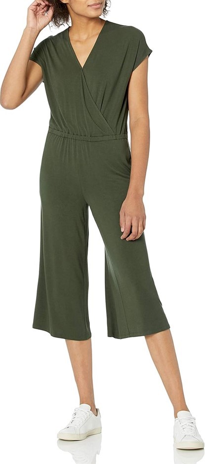 AMAZON ESSENTIALS Women's Short-Sleeve Surplice Cropped Wide-Leg Jumpsuit,