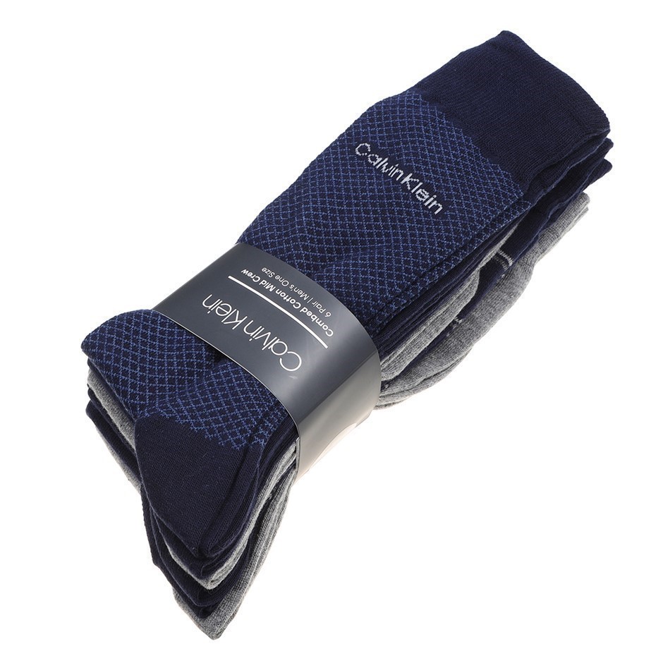 6 pairs x CALVIN KLEIN Men's Combed Cotton Mid Crew Socks, One Size, Navy P