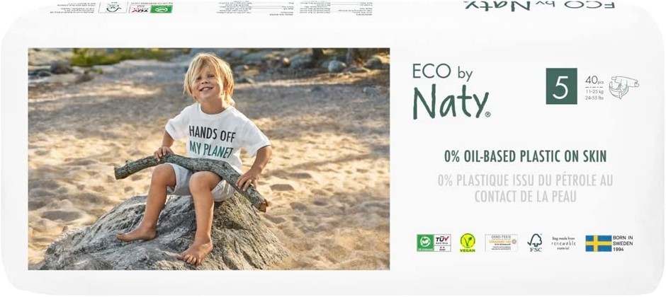 ECO BY NATY Baby Nappies, Size 5, 40 Count. NB: opened packaging.