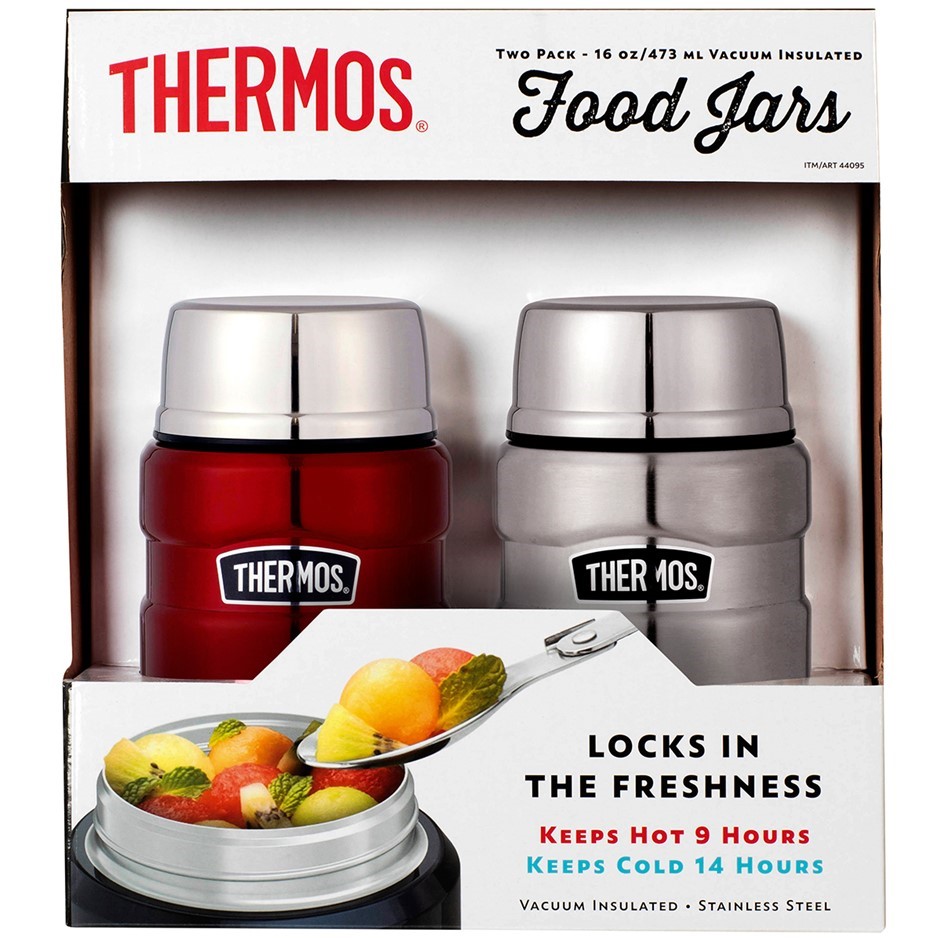 THERMOS 2pc Vacuum Insulated Food Jars, 473mL, Red/Silver.